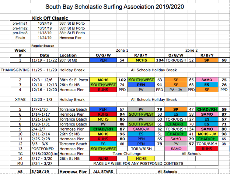 Schedule & Results Image updated 3/9/20
