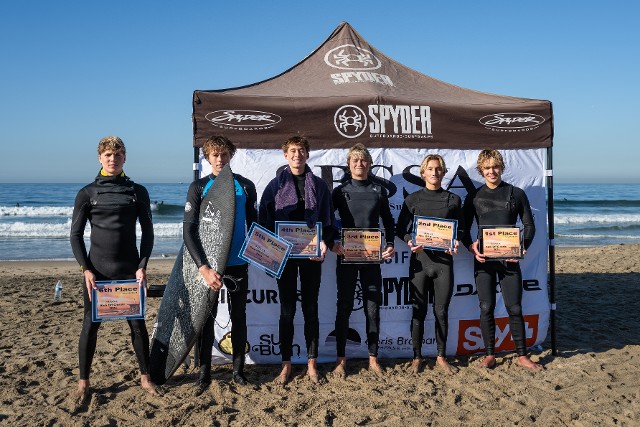 Mens Shortboard finalists pictured on beach with awards Mens Shortboard finalists pictured on beach with awards